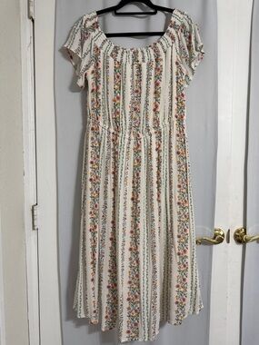 Old Navy Cream Floral Midi Dress with Pink, Orange and Green Stripes